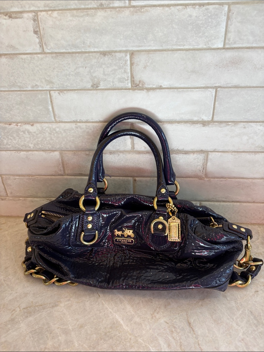 Coach Glossy Patent Satchel in Deep Plum with Gold Hardware